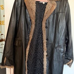 Black Leather Coat with 100% Real Fox Fur Trim